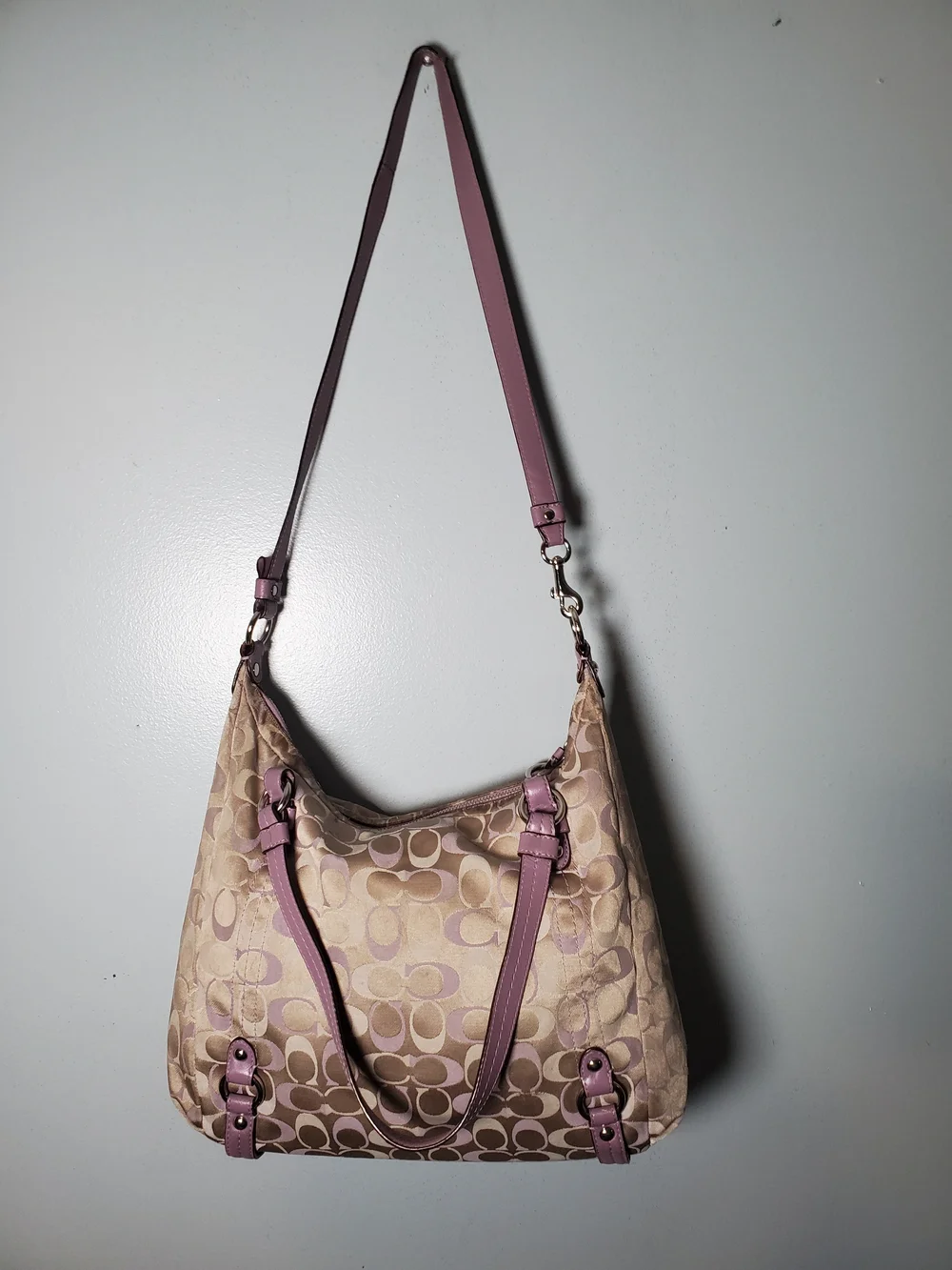 Coach Signature Jacquard Hobo Large Shoulder Bag Pink/Lilac Leather Trim Preppy